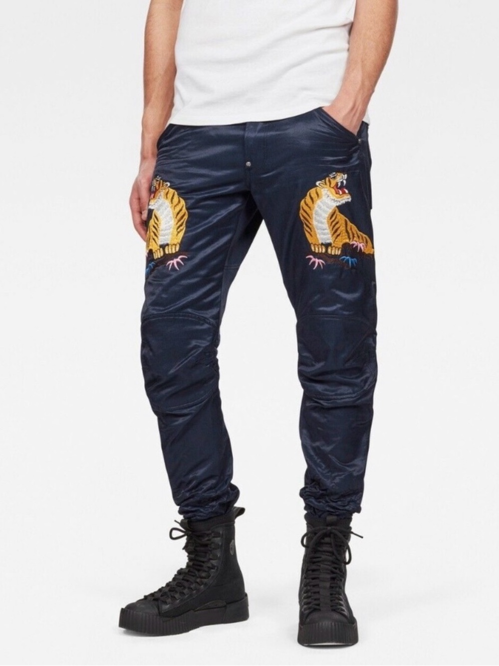 G-Star collab Pharrell WilliamNavy Blue Satin Jeans with Tiger Embr. Collectors